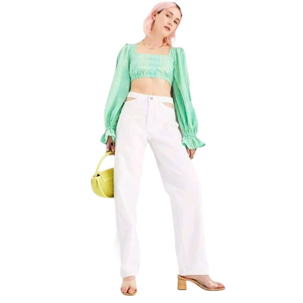 Womens FUTURE COLLECTIVE 8 Alani Noelle White Denim Jeans Waist Cutout Straight - Picture 2 of 9